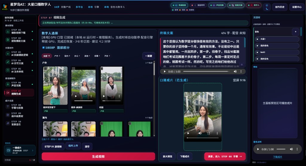 大星口播数字人 — 视频生成界面